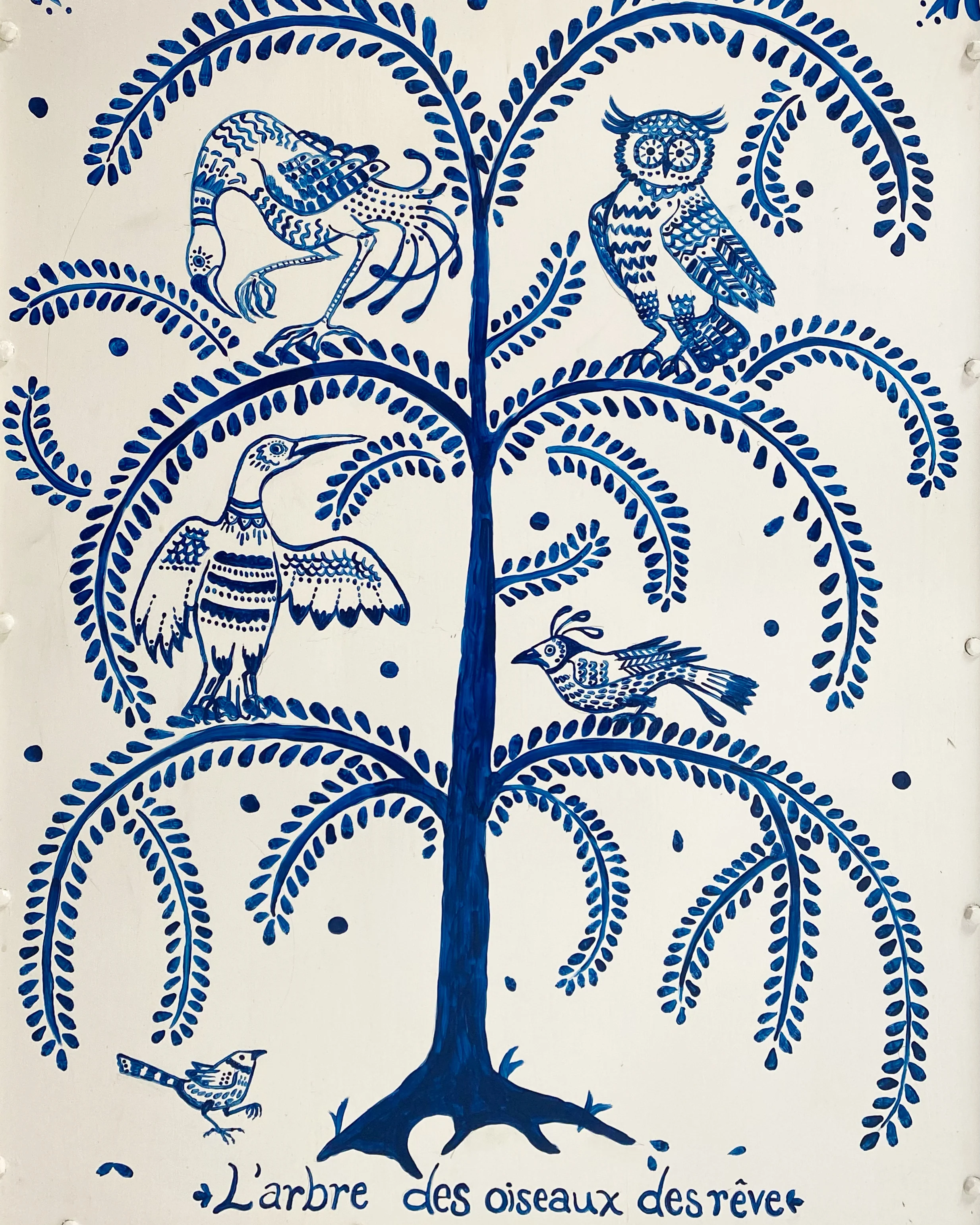 One-of-a-Kind, Hand-Painted 'Tree of Dream Birds' Set, Pair of Wingbacks with Ottoman - Image 5