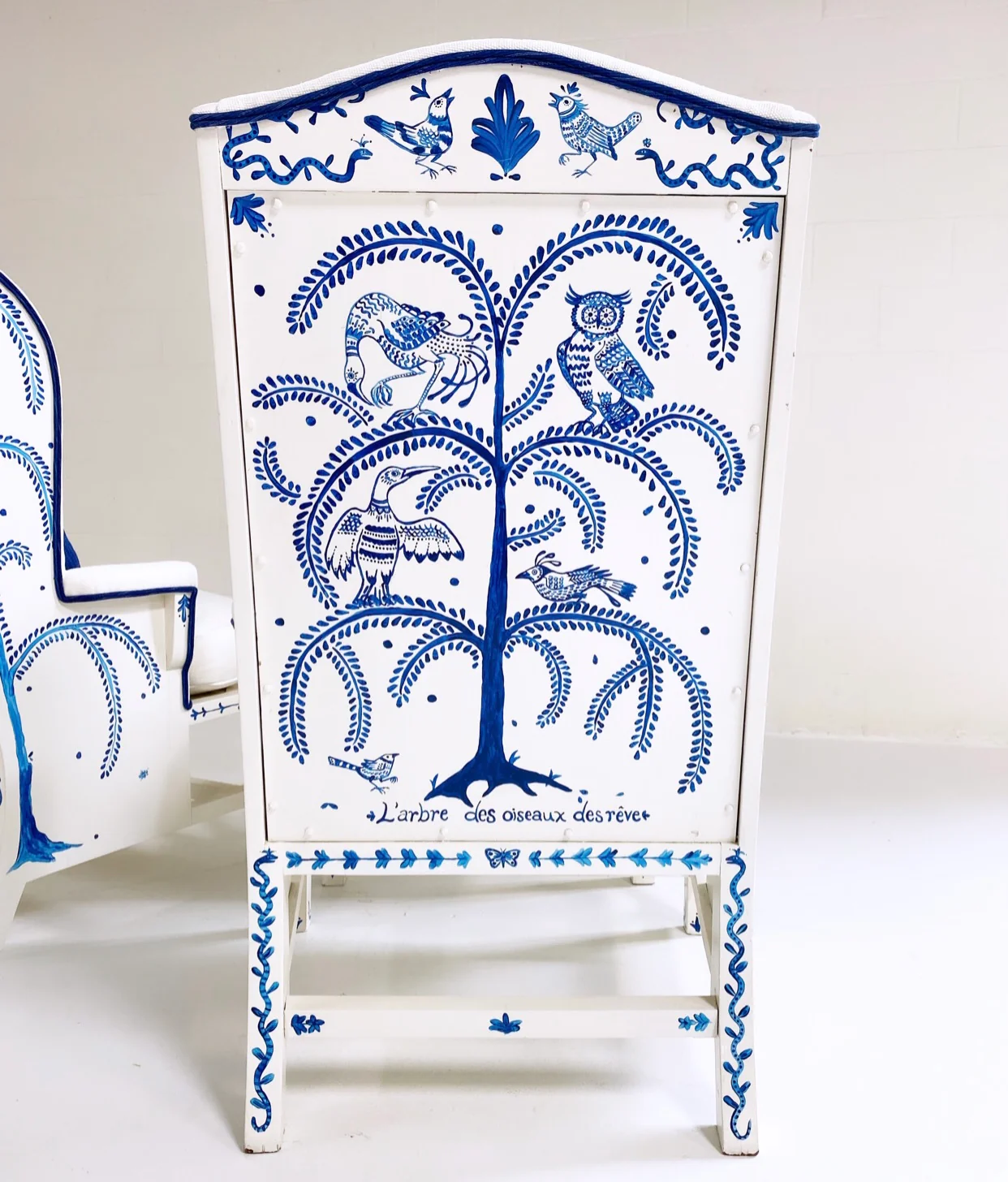 One-of-a-Kind, Hand-Painted 'Tree of Dream Birds' Set, Pair of Wingbacks with Ottoman - Image 7