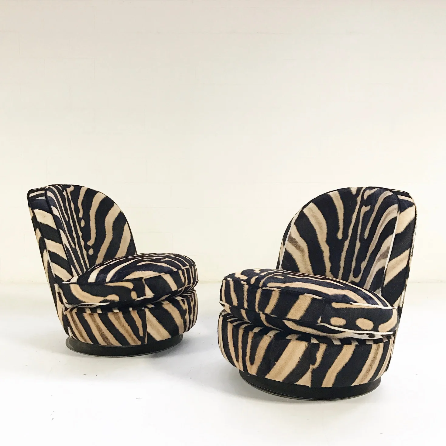 Swivel Tilt Slipper Chairs in Zebra Hide, pair