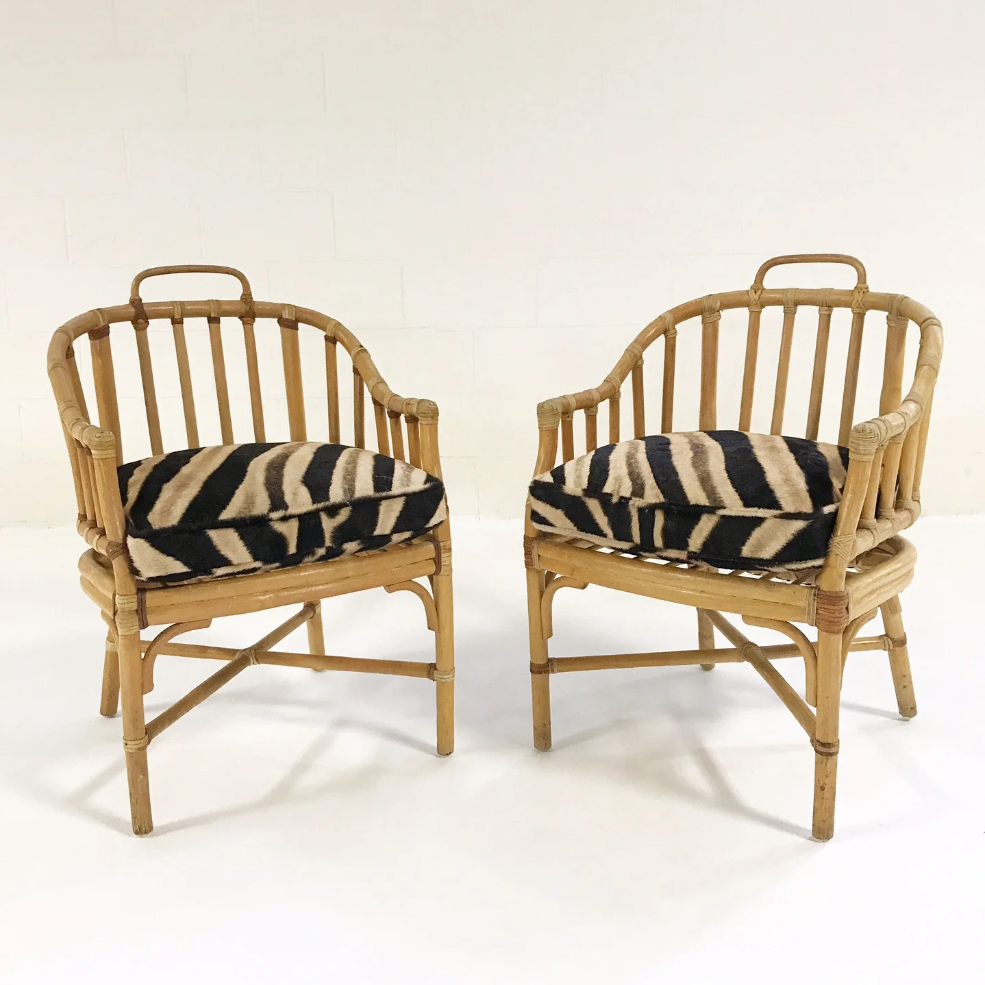 Rattan Armchairs with Zebra Hide Cushions, pair