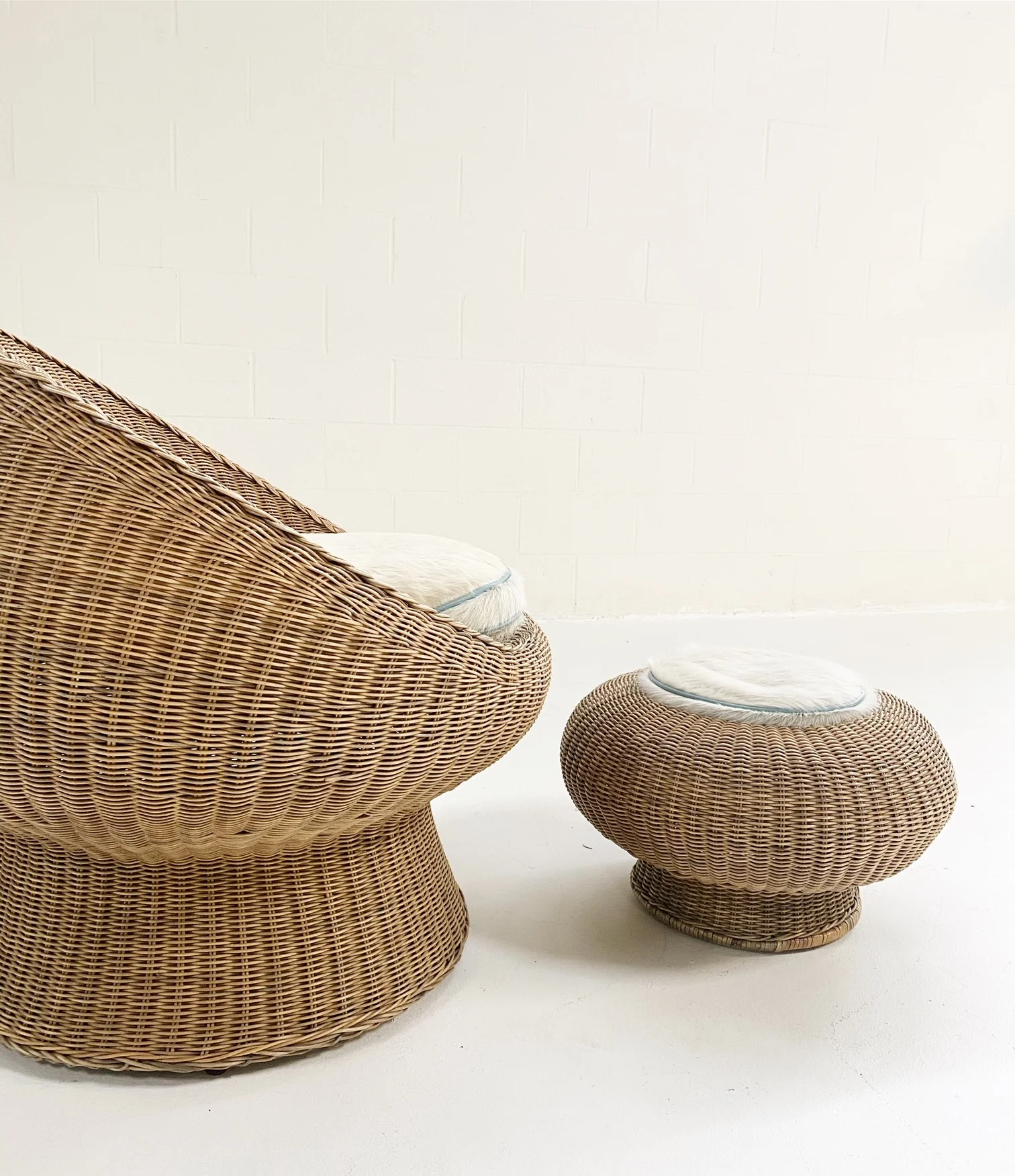 Rattan Chair and Ottoman Set with Custom Brazilian Cowhide and Leather Cushions - Image 2