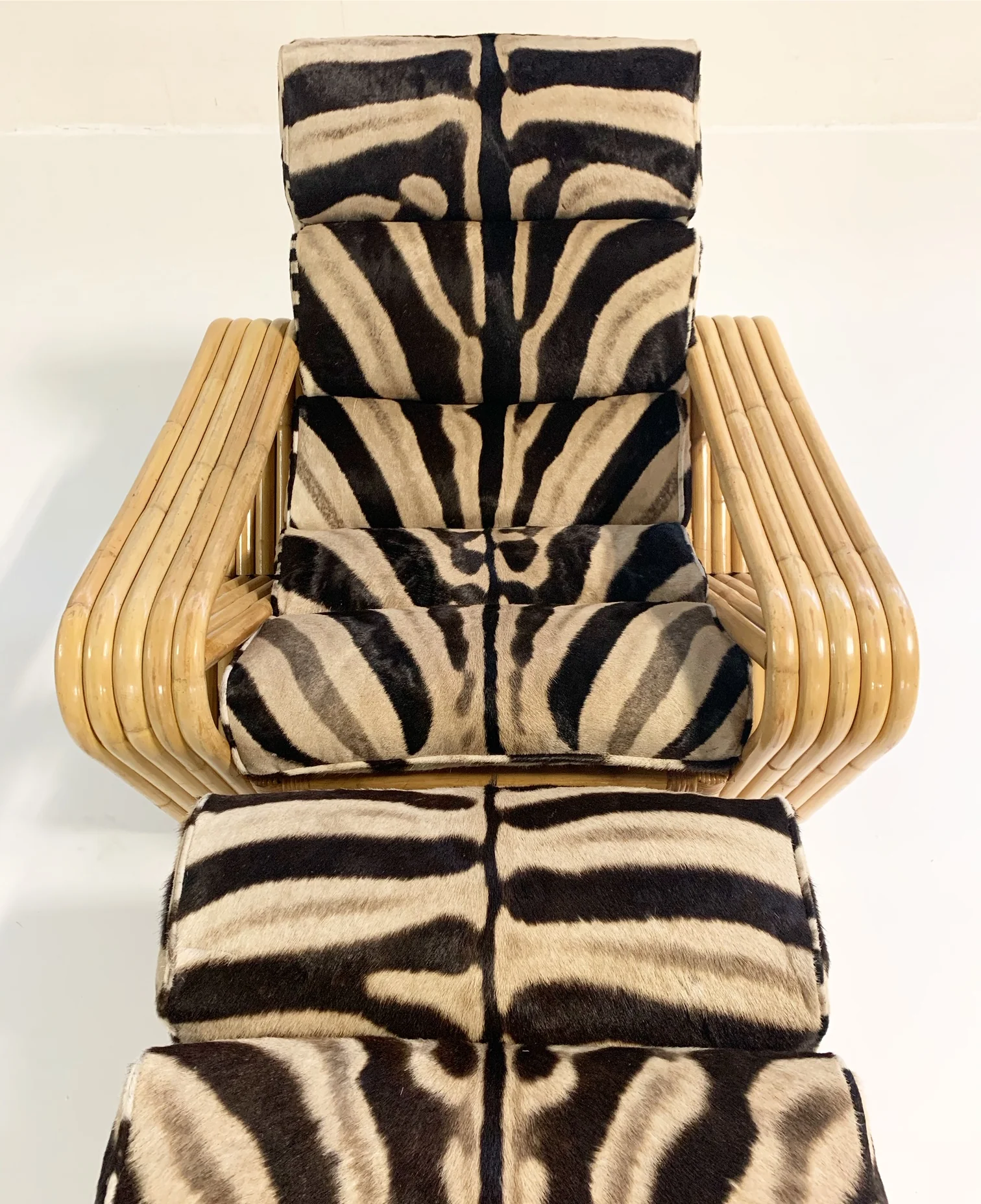 Rattan Lounge Chair and Ottoman in Zebra Hide