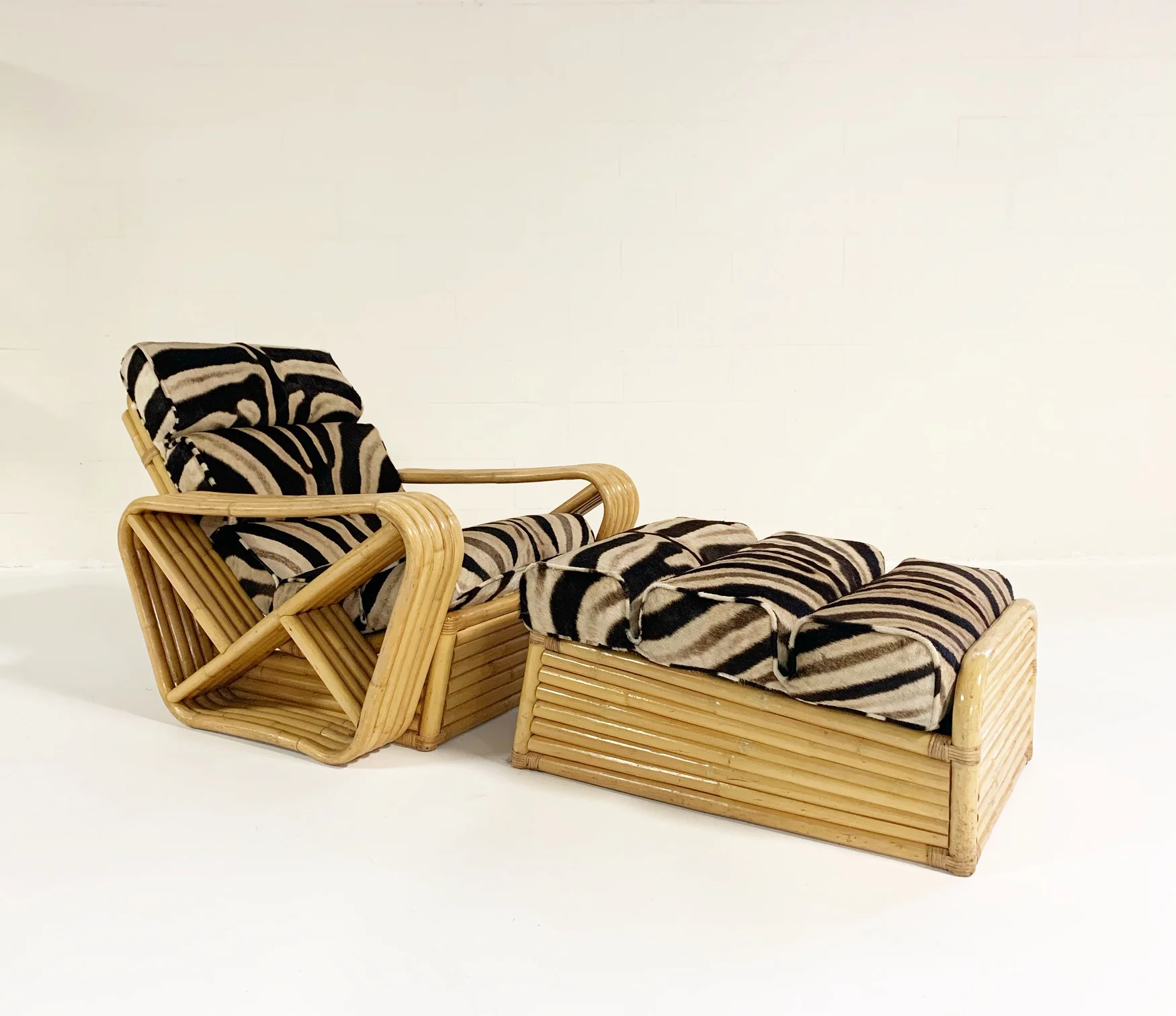 Rattan Lounge Chair and Ottoman in Zebra Hide - Image 2