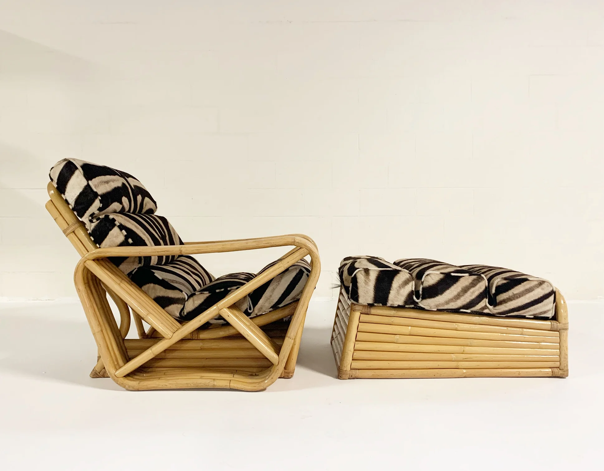 Rattan Lounge Chair and Ottoman in Zebra Hide - Image 3
