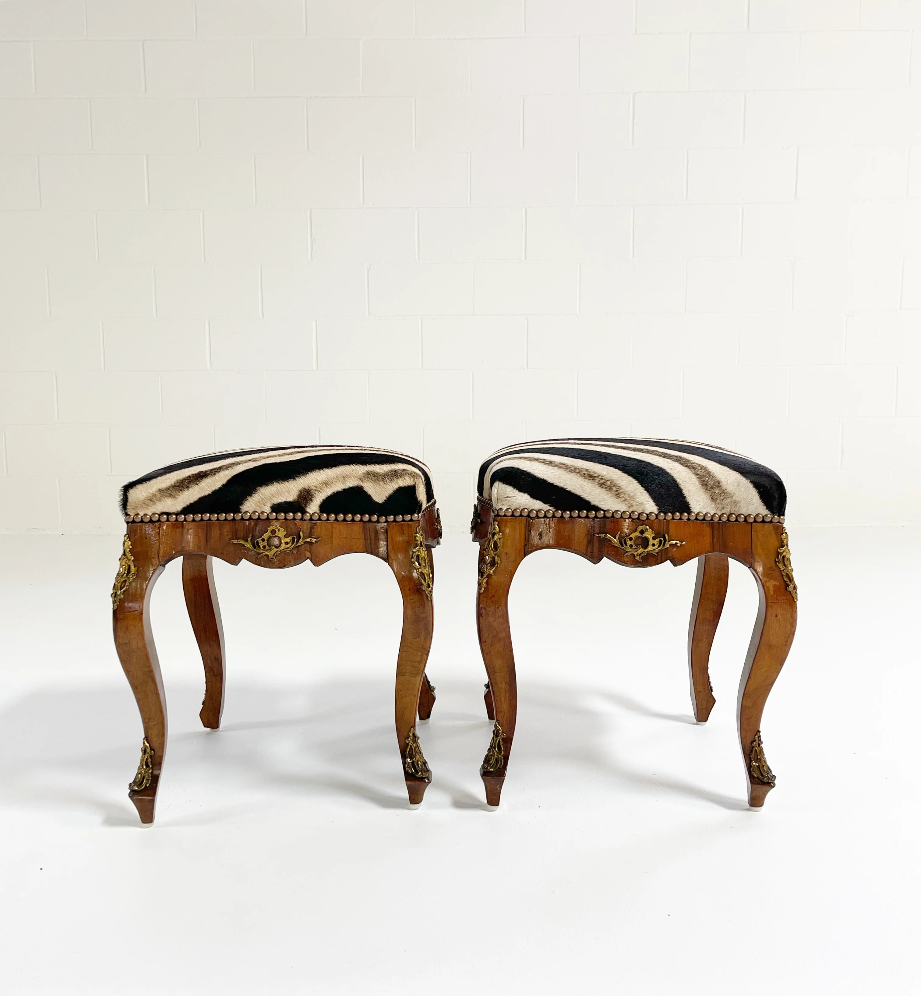 Rococo Style Tabourets in Zebra Hide, pair