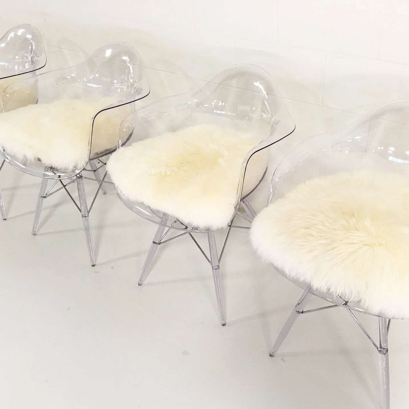 Mid-Century Style Lucite Chairs with Sheepskin Cushions, set of 4