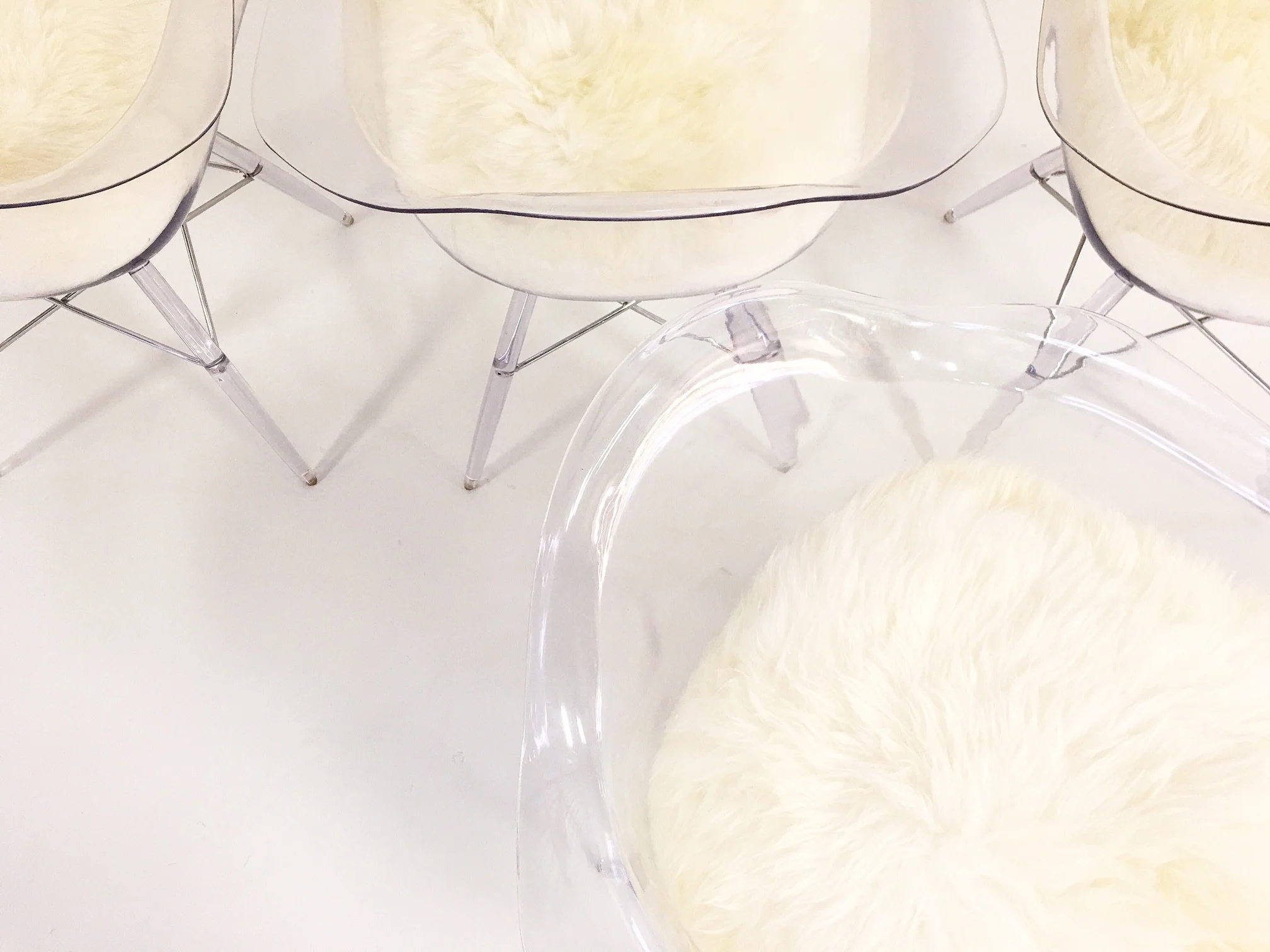 Mid-Century Style Lucite Chairs with Sheepskin Cushions, set of 4 - Image 12