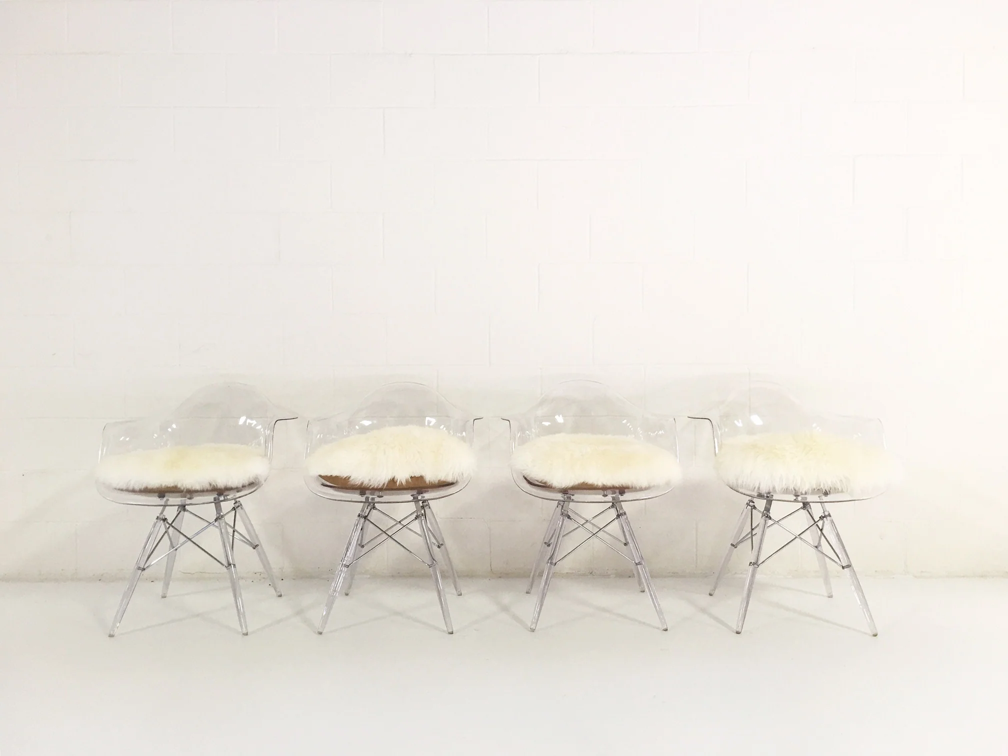 Mid-Century Style Lucite Chairs with Sheepskin Cushions, set of 4 - Image 2
