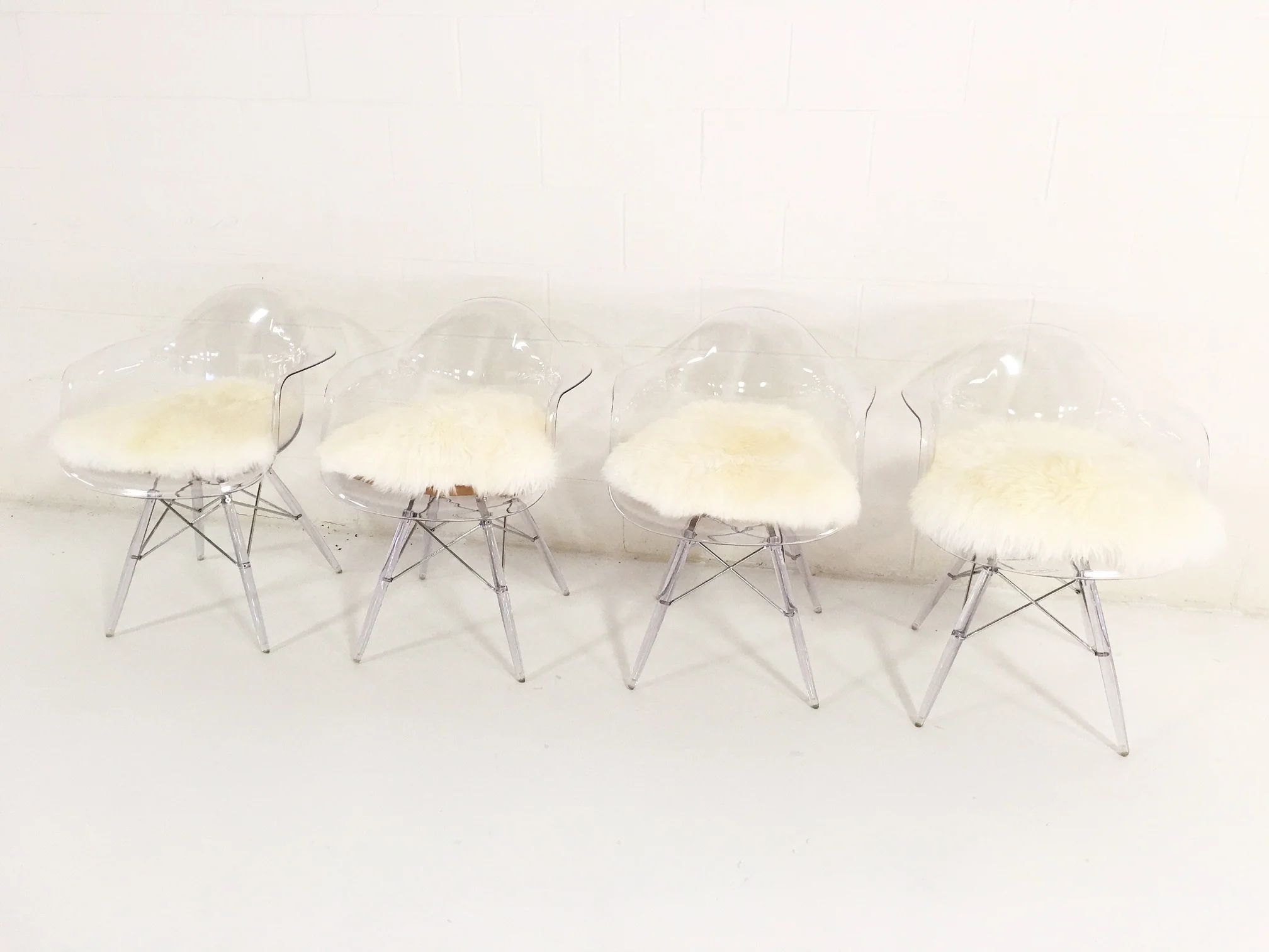 Mid-Century Style Lucite Chairs with Sheepskin Cushions, set of 4 - Image 3