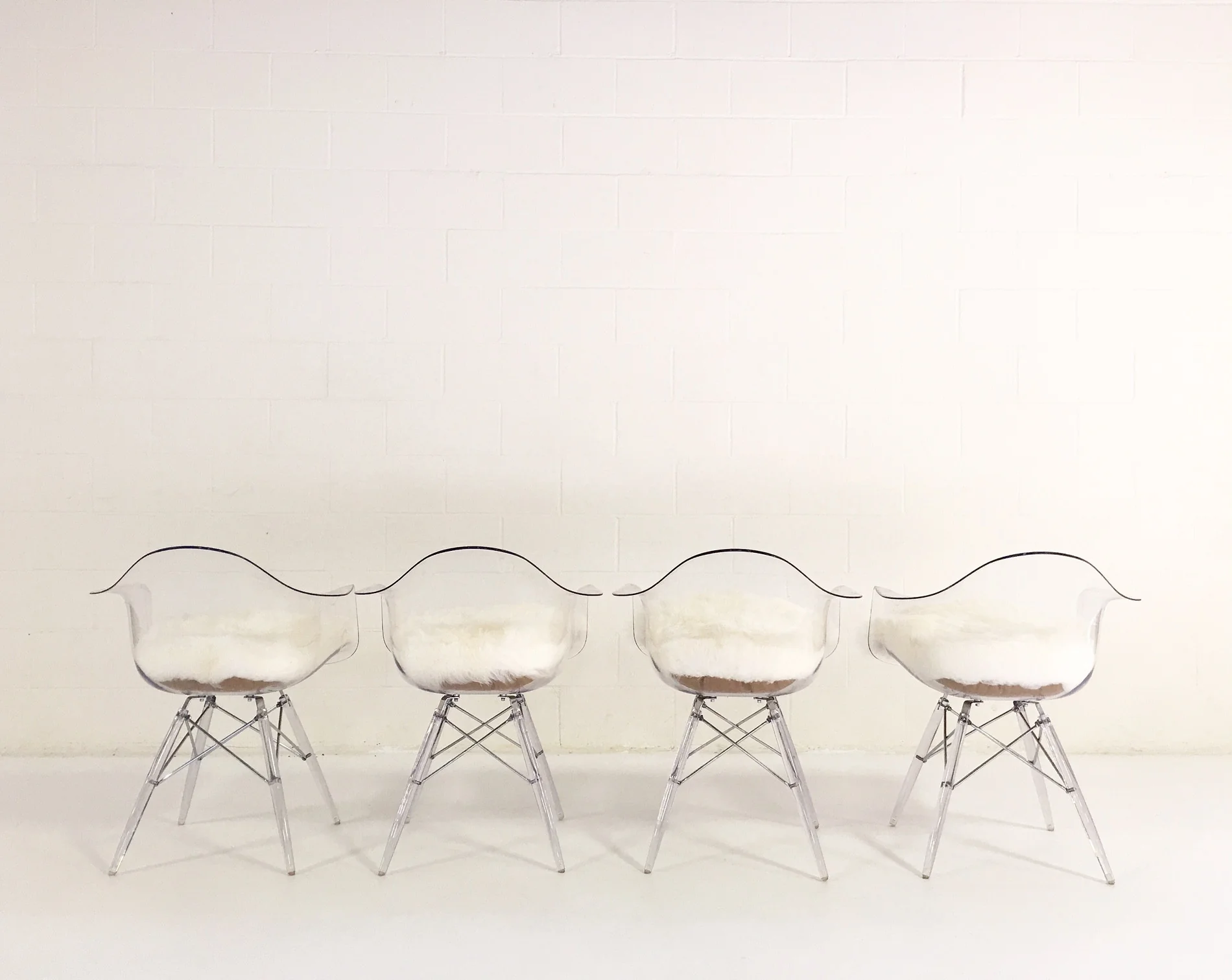 Mid-Century Style Lucite Chairs with Sheepskin Cushions, set of 4 - Image 5