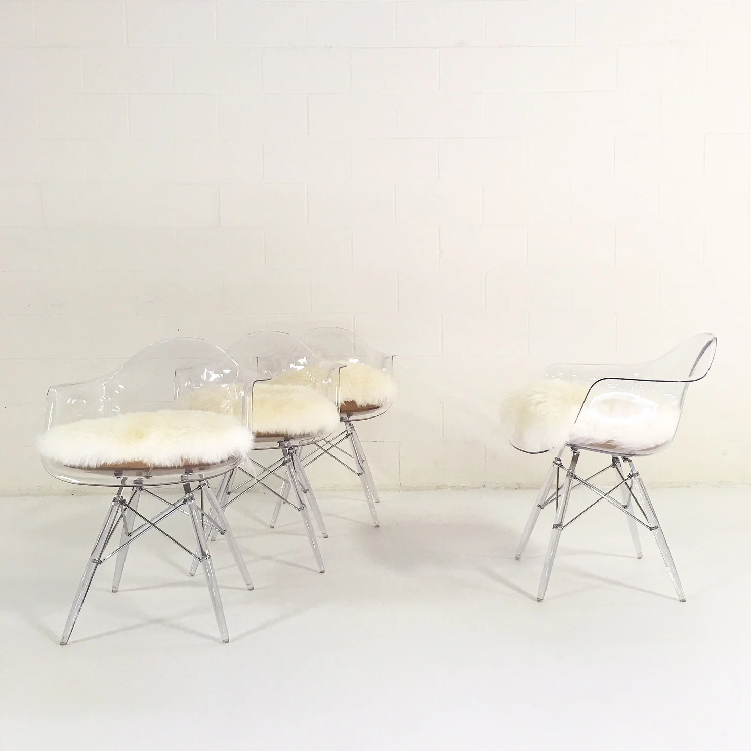 Mid-Century Style Lucite Chairs with Sheepskin Cushions, set of 4 - Image 6