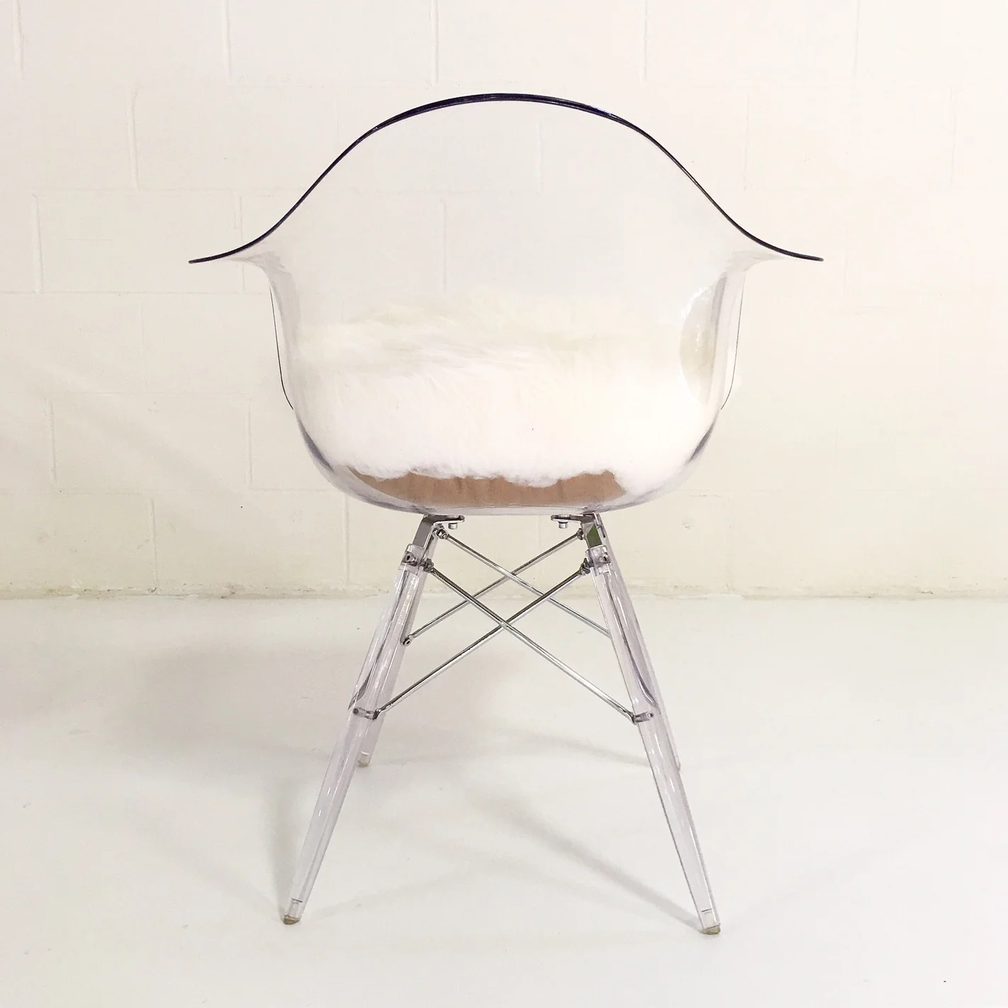 Mid-Century Style Lucite Chairs with Sheepskin Cushions, set of 4 - Image 8