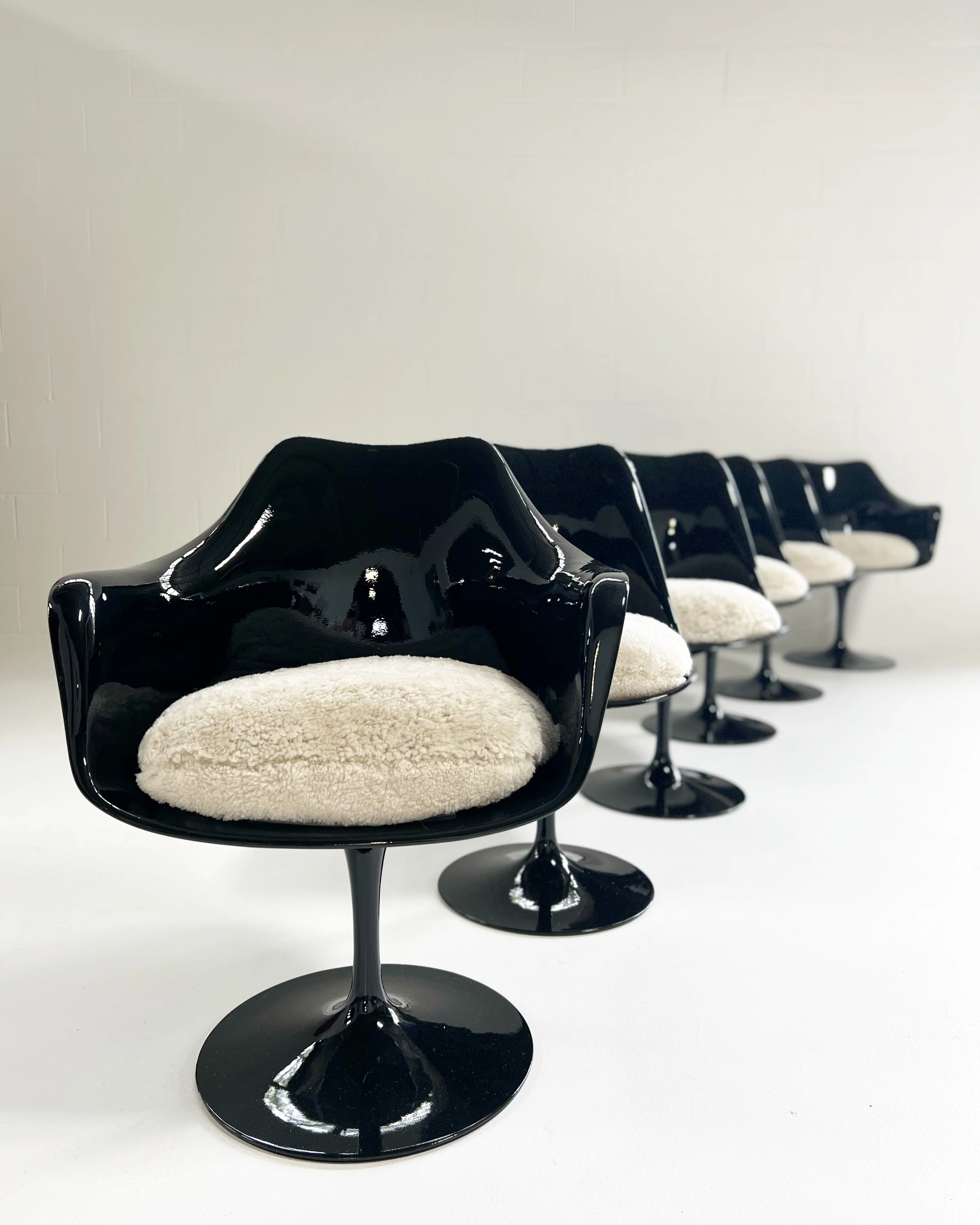 Tulip Chairs with Custom Shearling Cushions, Set of 6 - Image 3