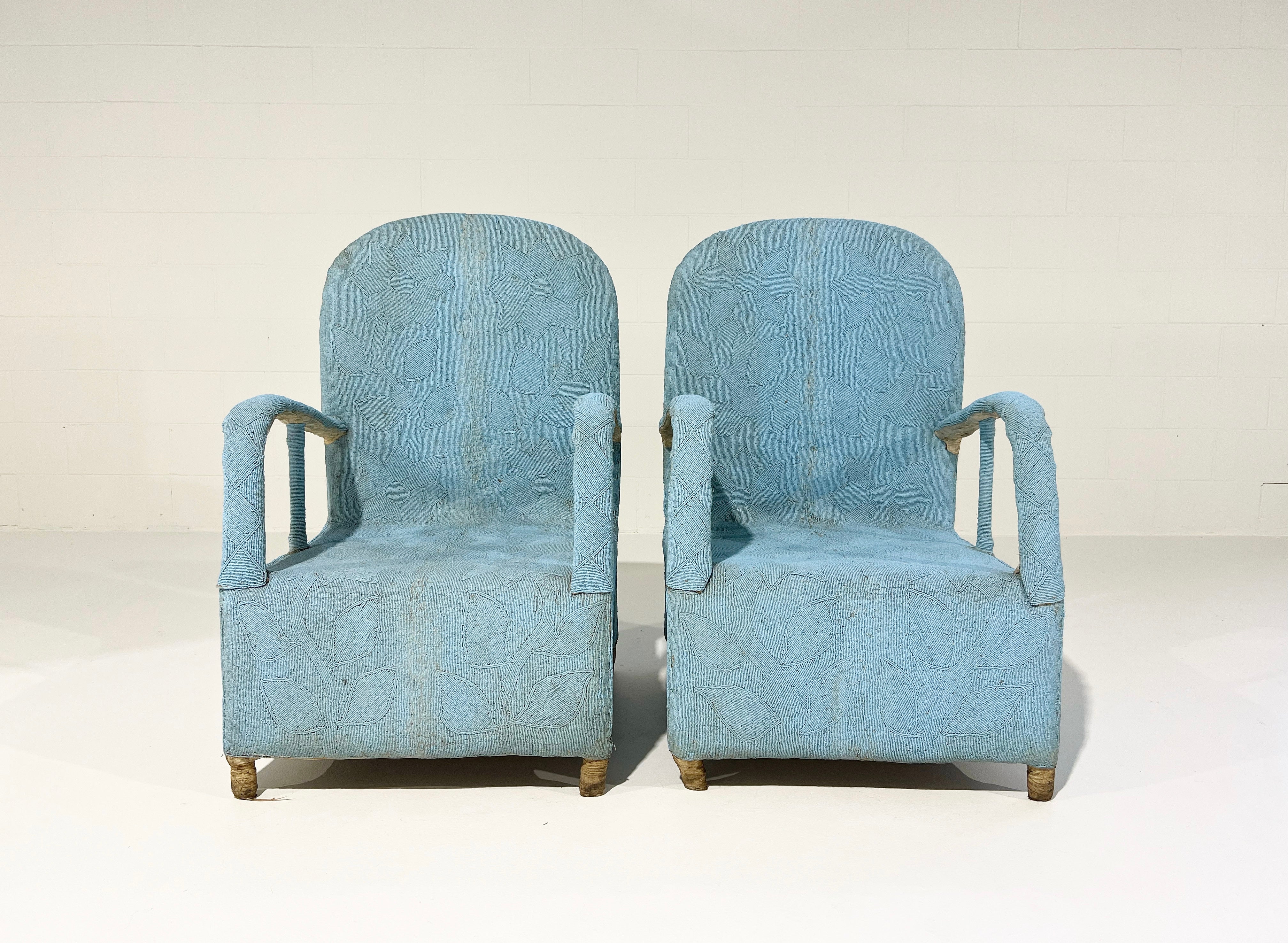 Vintage African Beaded Yoruba Chair - Pale Blue - Image 3
