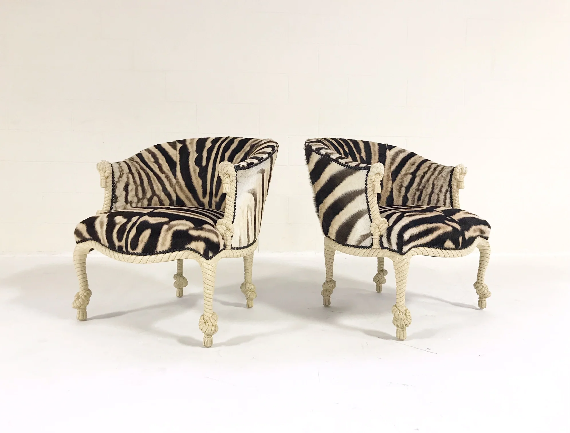 Vintage Napoleon III Style Twisted Rope and Tassel Carved Armchairs Restored in Zebra - Pair