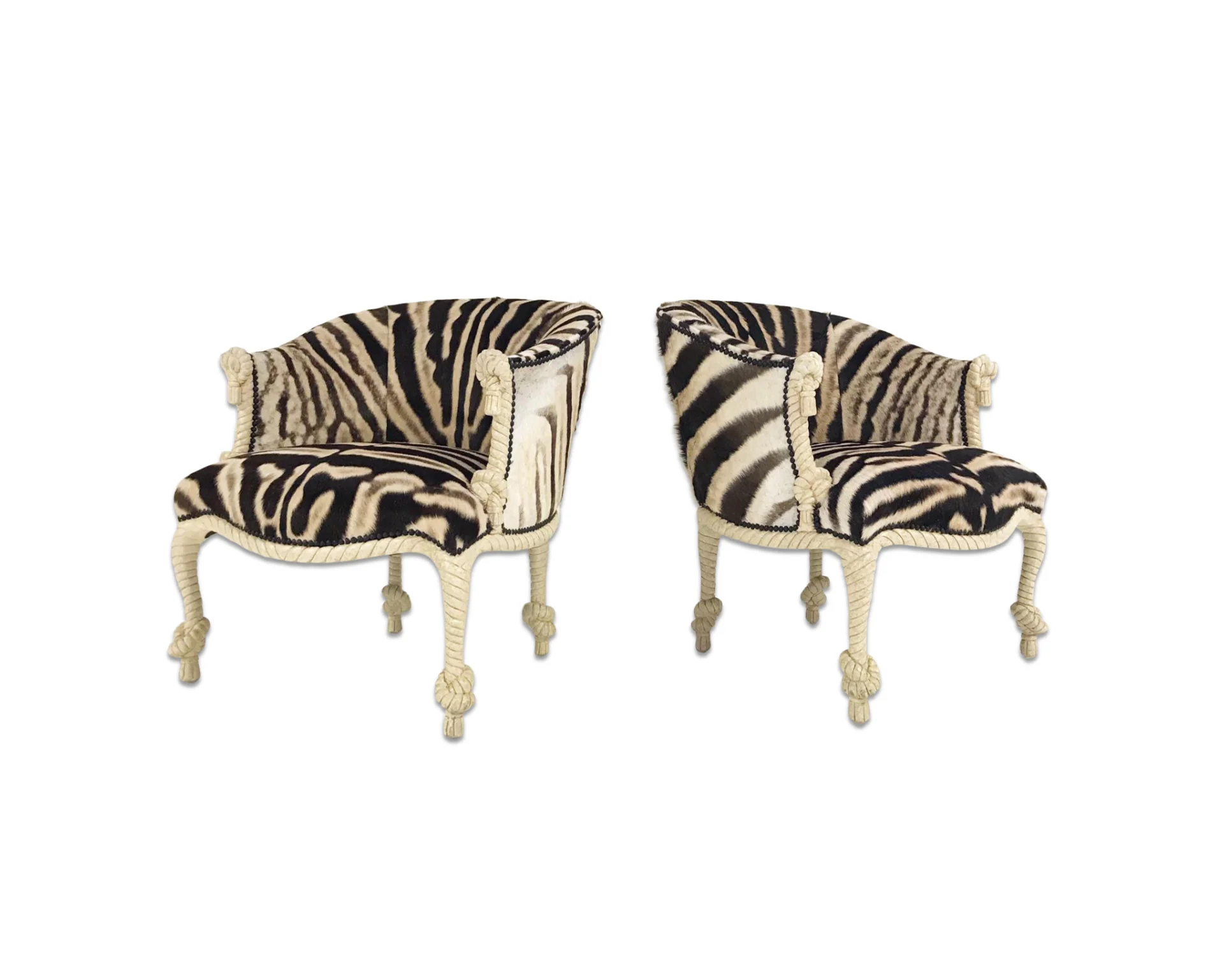 Vintage Napoleon III Style Twisted Rope and Tassel Carved Armchairs Restored in Zebra - Pair - Image 10