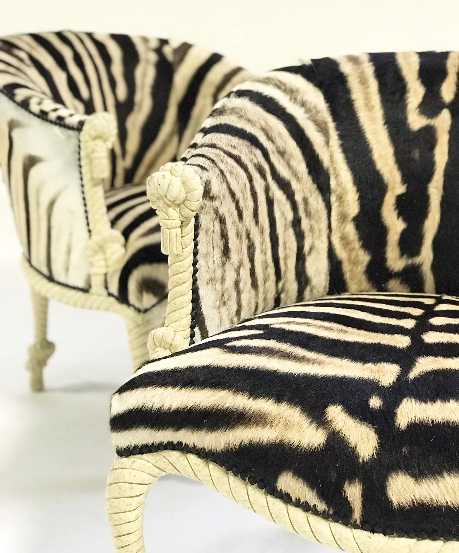 Vintage Napoleon III Style Twisted Rope and Tassel Carved Armchairs Restored in Zebra - Pair - Image 2