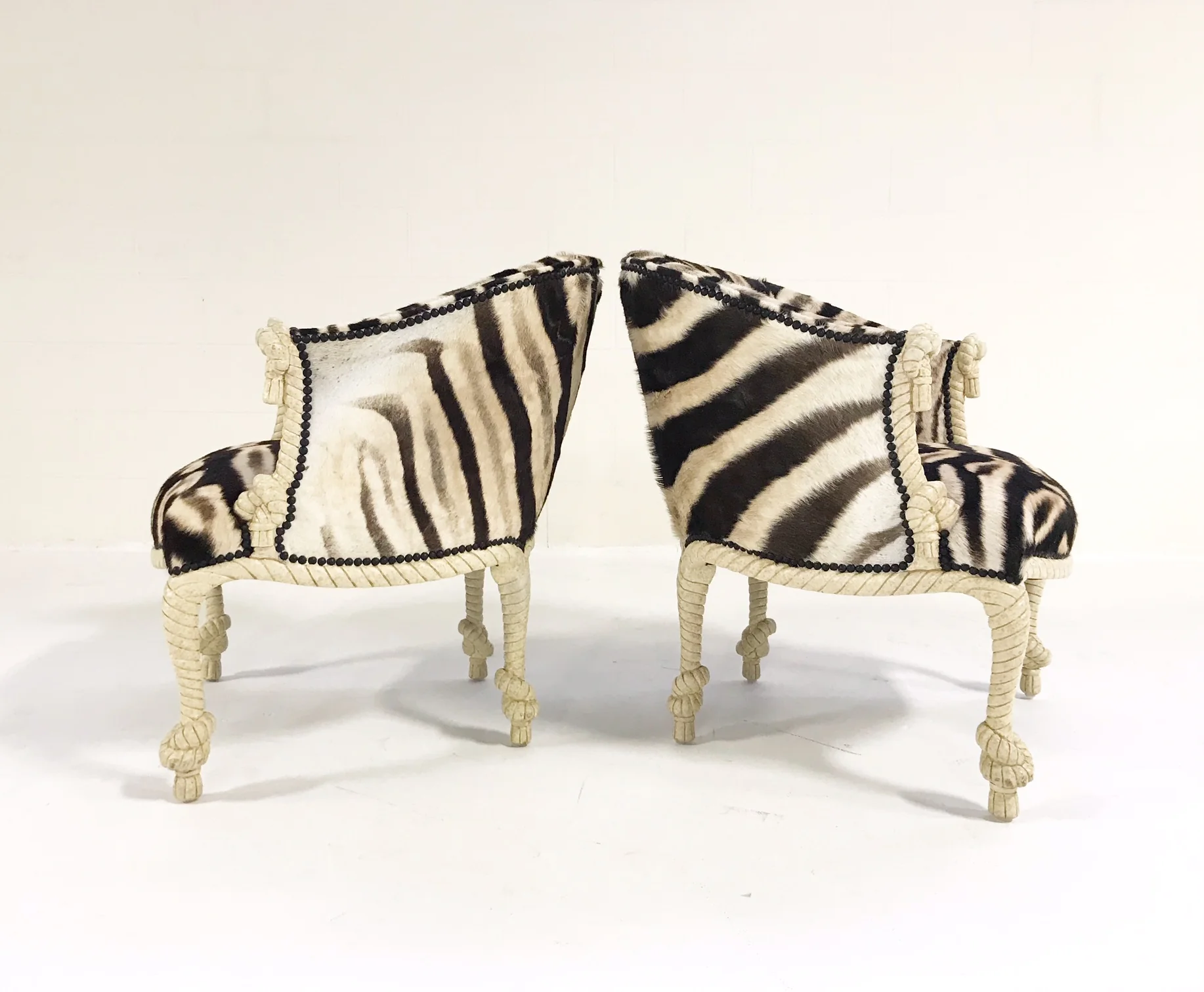 Vintage Napoleon III Style Twisted Rope and Tassel Carved Armchairs Restored in Zebra - Pair - Image 3