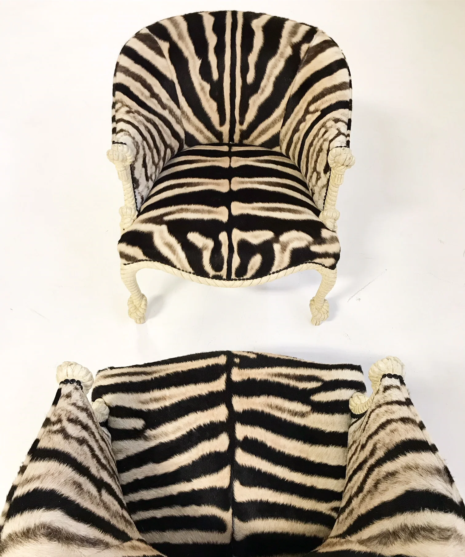 Vintage Napoleon III Style Twisted Rope and Tassel Carved Armchairs Restored in Zebra - Pair - Image 5