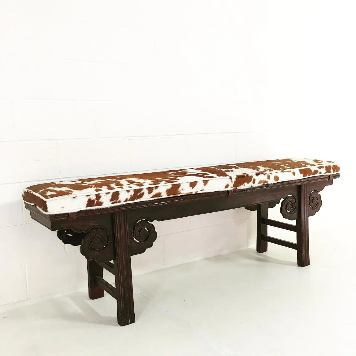 Vintage Chinese Bench with Brazilian Cowhide Cushion - Image 3