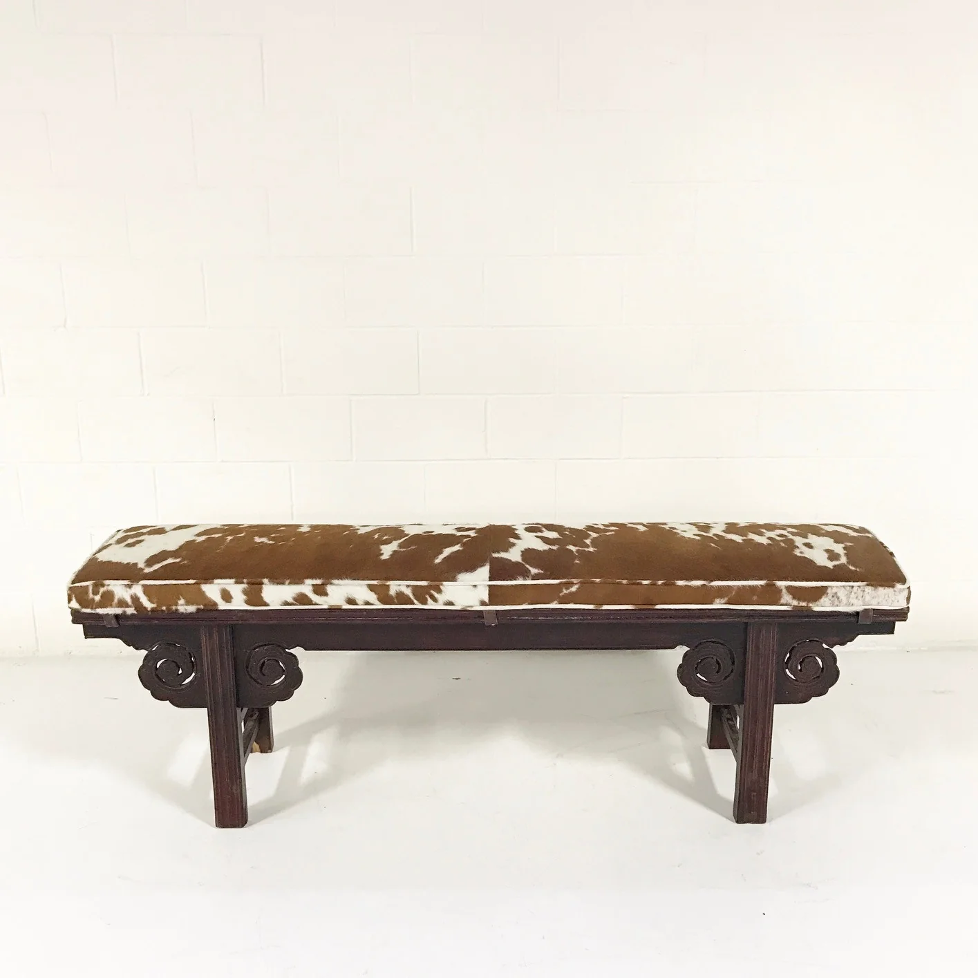 Vintage Chinese Bench with Brazilian Cowhide Cushion - Image 4