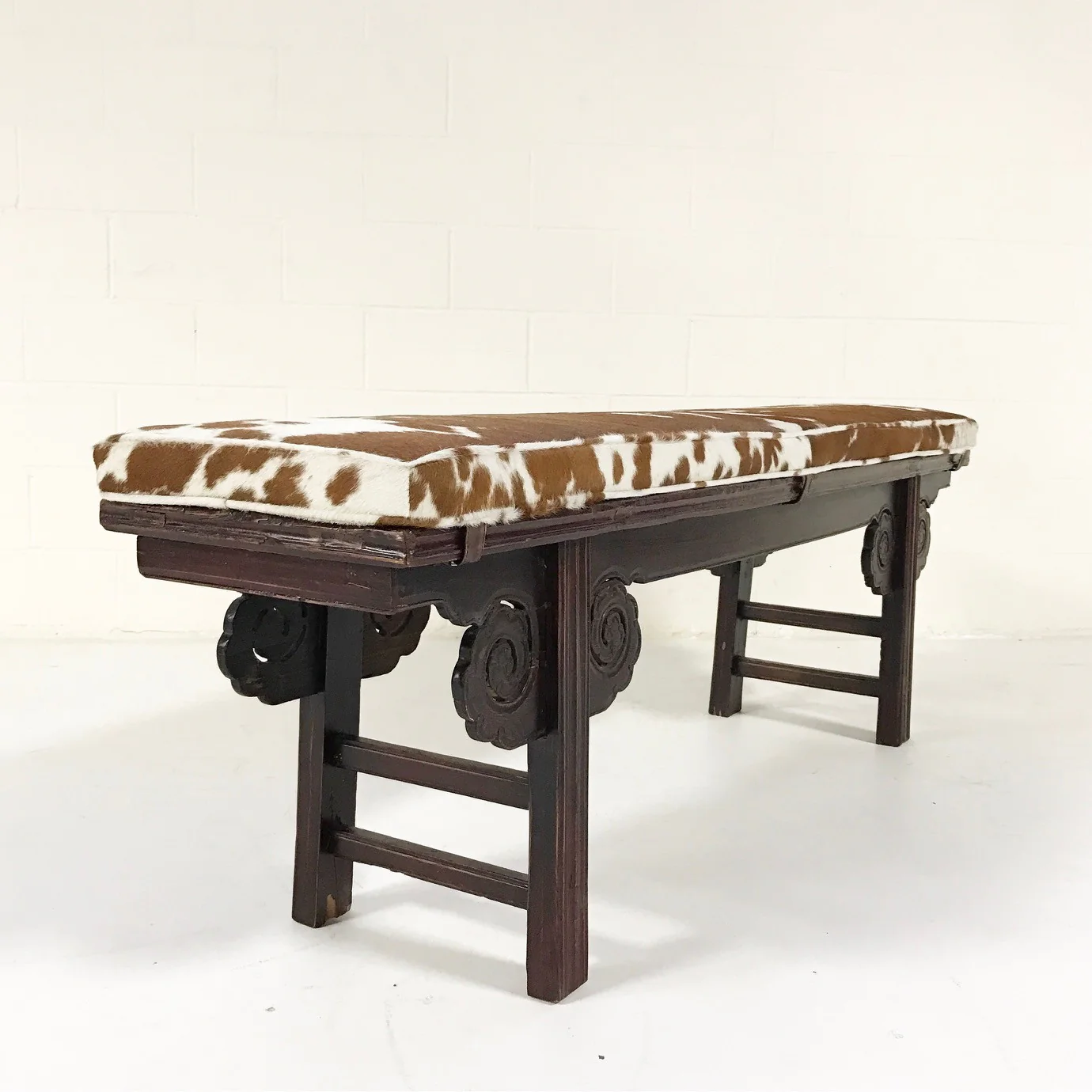 Vintage Chinese Bench with Brazilian Cowhide Cushion - Image 5