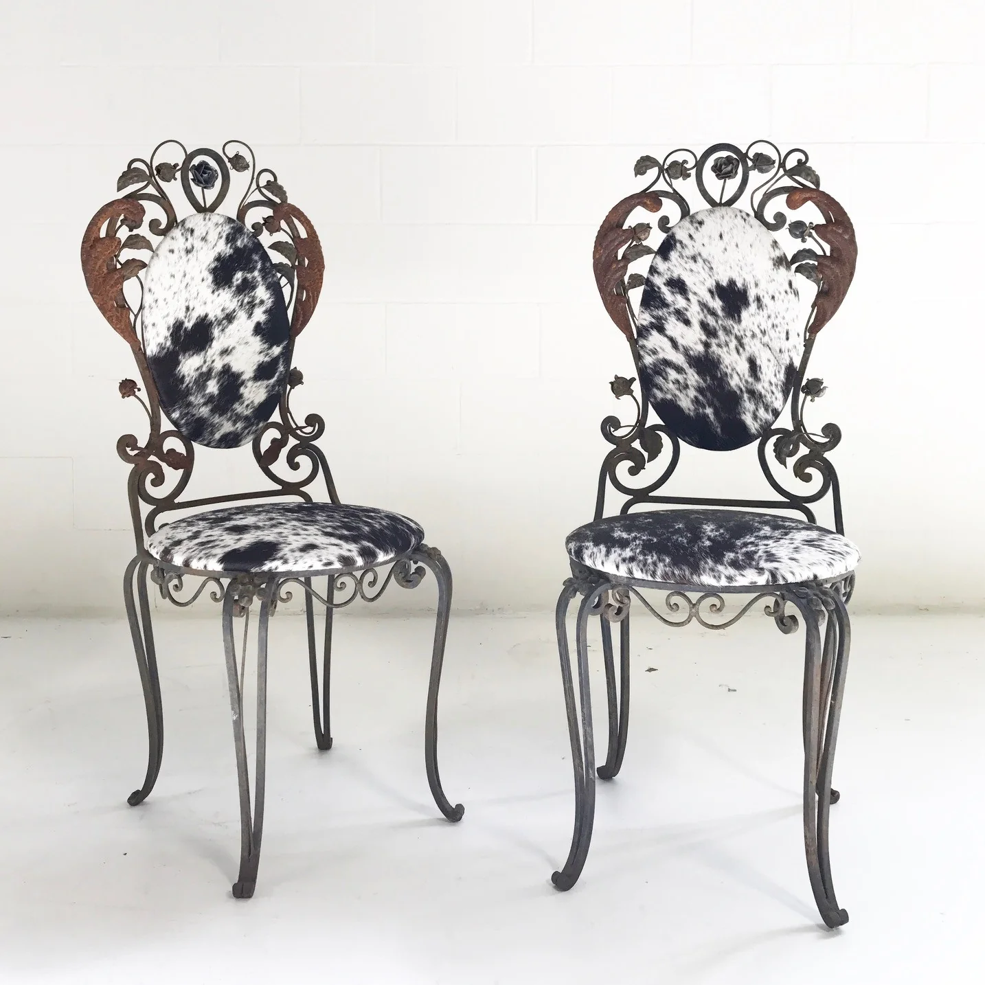 Vintage Iron Garden Chairs in Speckled Brazilian Cowhide - A Pair
