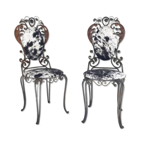 Vintage Iron Garden Chairs in Speckled Brazilian Cowhide - A Pair - Image 6