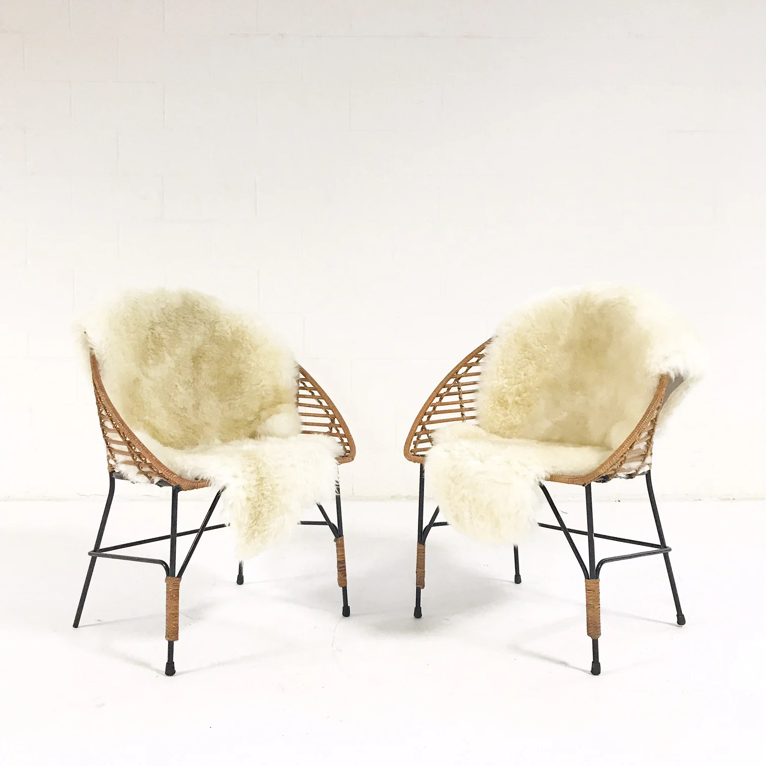 Vintage Mid-Century Iron and Rattan Chairs with Brazilian Sheepskins - Pair