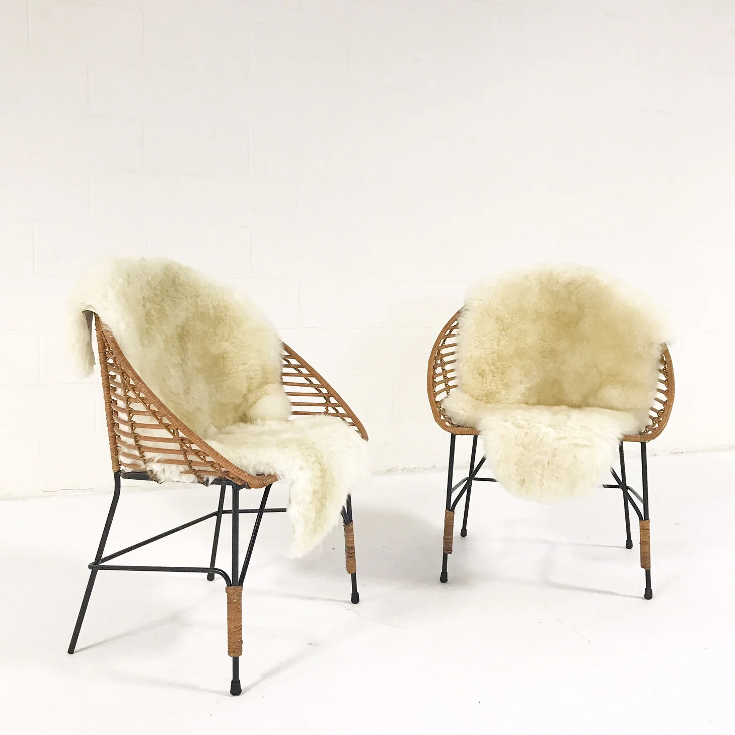 Vintage Mid-Century Iron and Rattan Chairs with Brazilian Sheepskins - Pair - Image 4