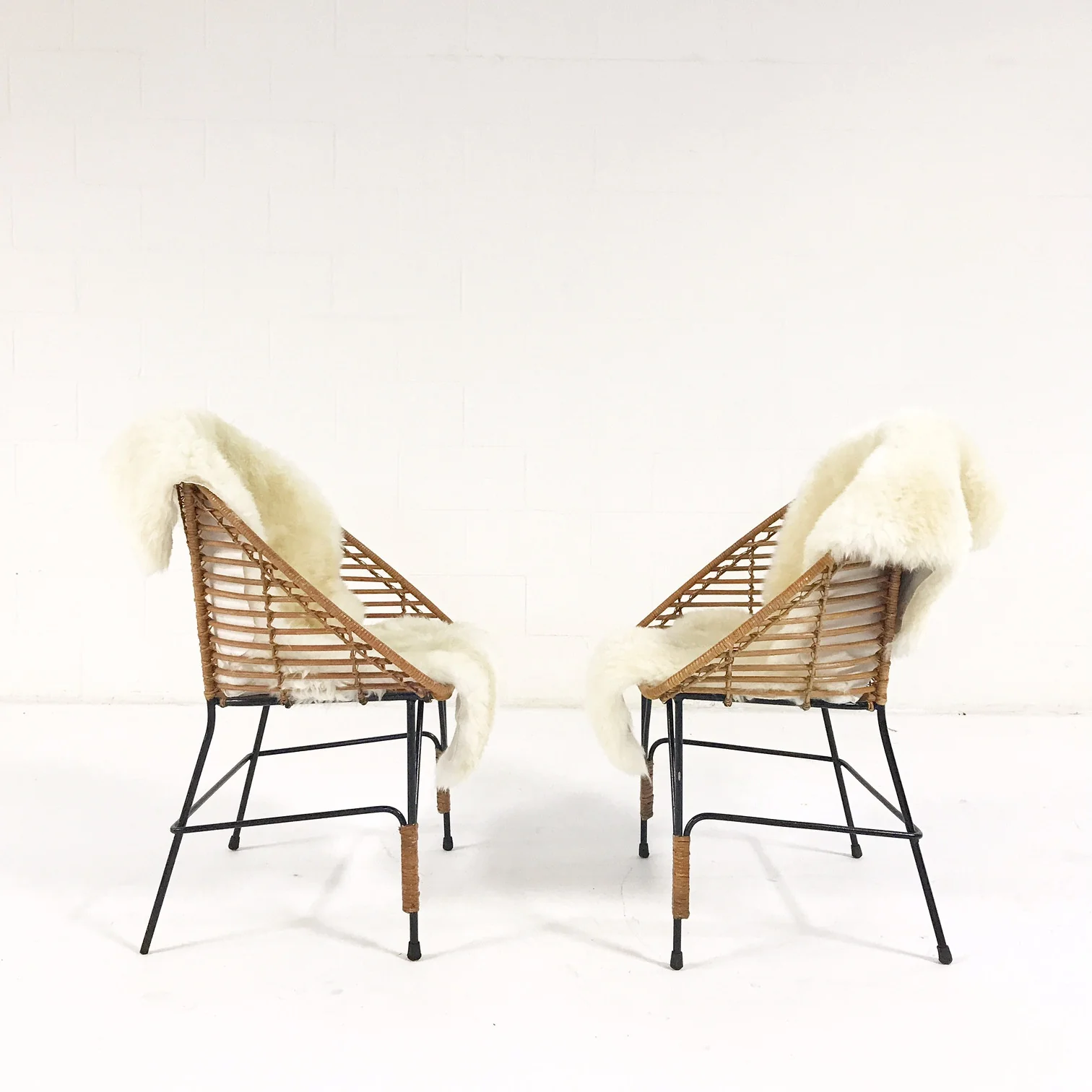Vintage Mid-Century Iron and Rattan Chairs with Brazilian Sheepskins - Pair - Image 5
