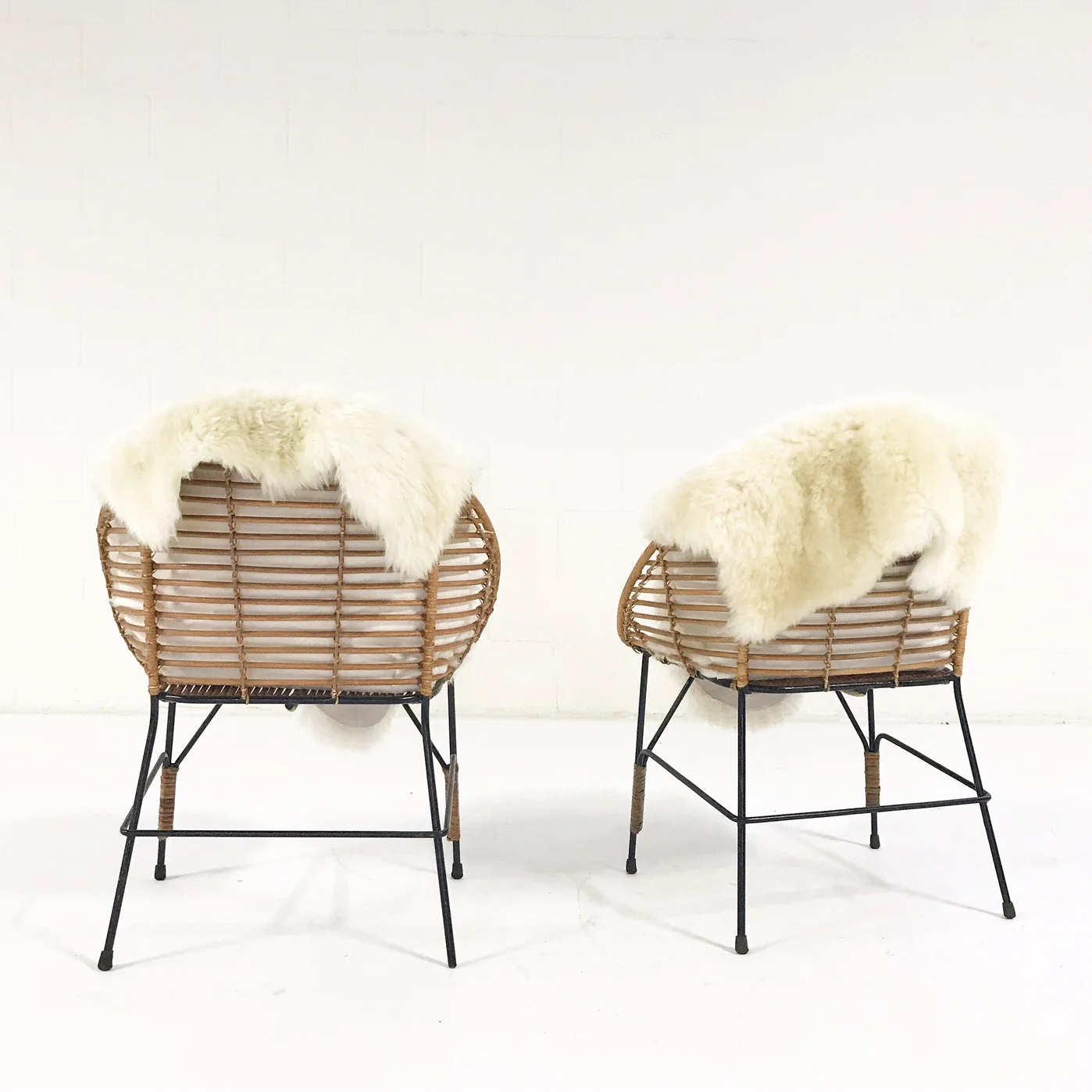 Vintage Mid-Century Iron and Rattan Chairs with Brazilian Sheepskins - Pair - Image 6
