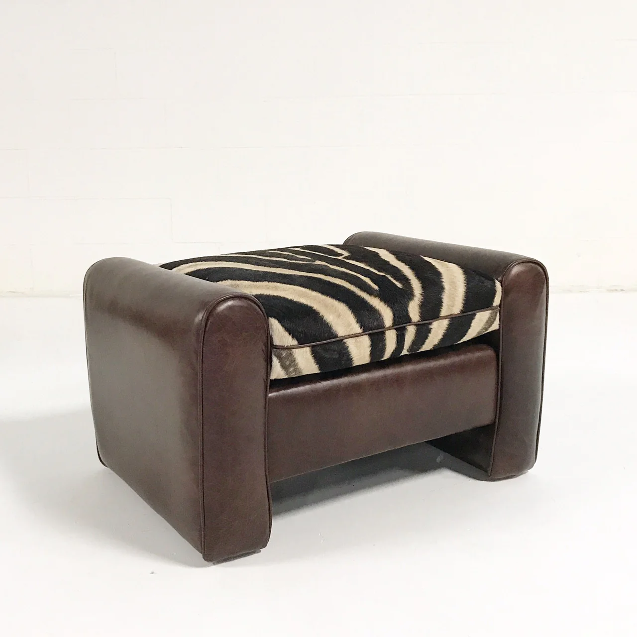 Vintage Ottoman Restored in Leather with Zebra Hide Cushion