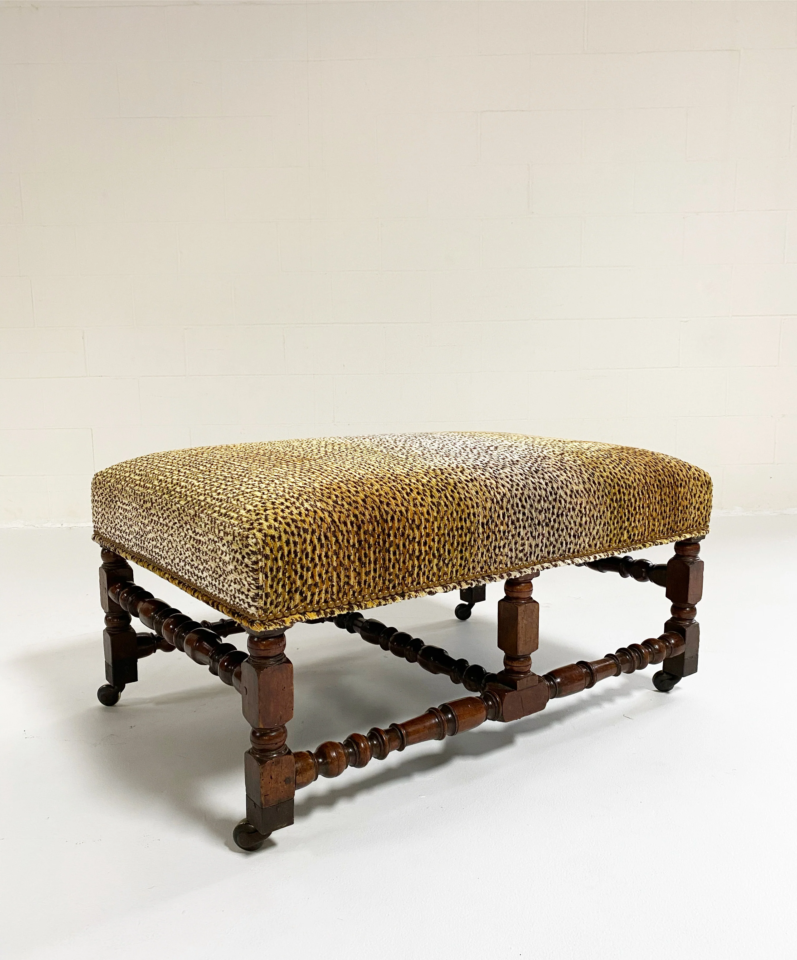 Walnut Ottoman in Clarence House King Cheetah Fabric - Image 3