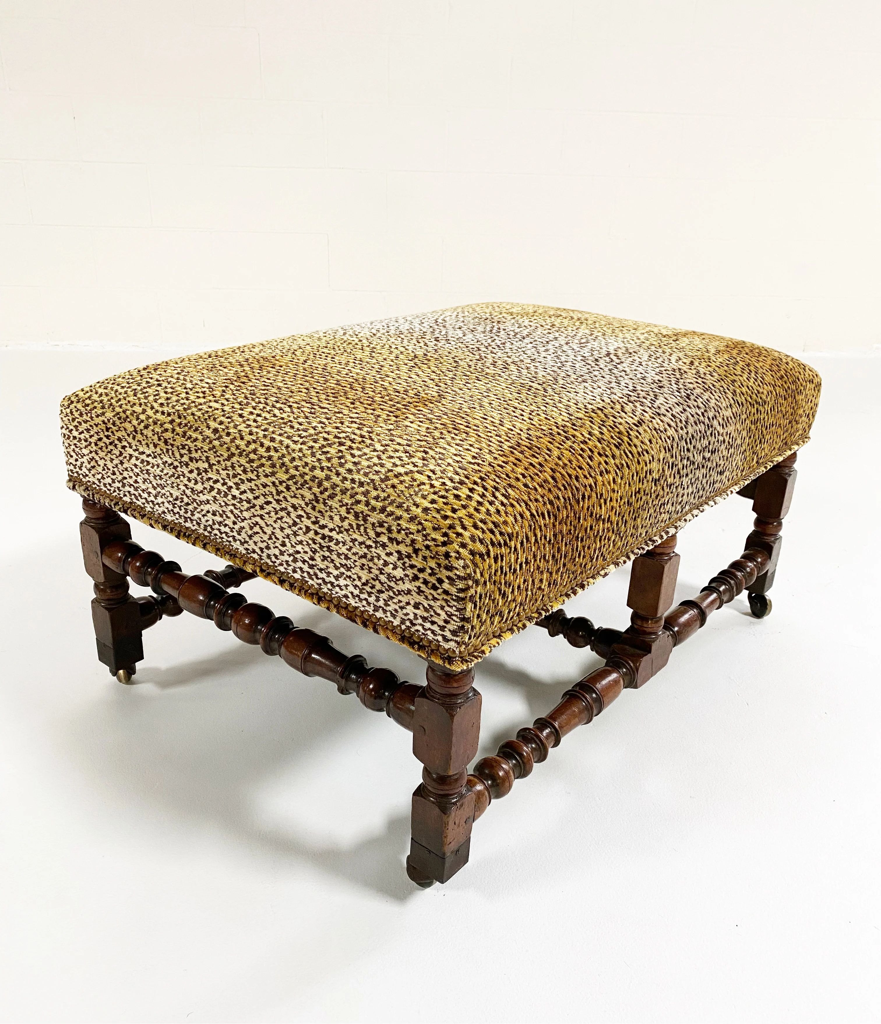 Walnut Ottoman in Clarence House King Cheetah Fabric - Image 4